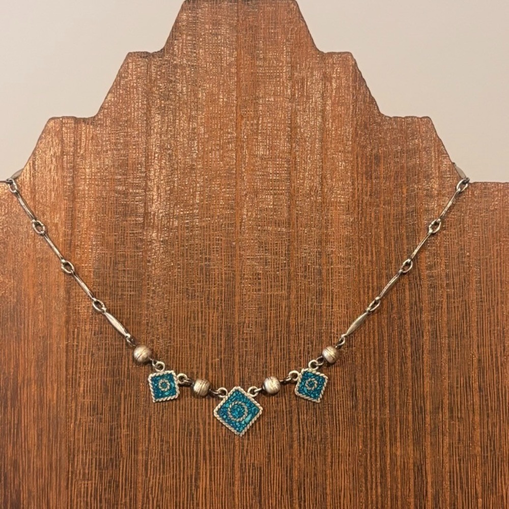 Vintage Mexican Sterling Silver Signed Turqouise Beaded Choker Necklace sz 15"